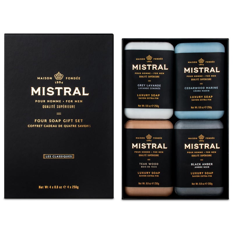 Mistral Menâ€™s Luxury Bar Soap for Men | Gift Set (4 x 8.8 oz) â€“ Grey Lavande, Cedarwood Marine, Teak Wood, Black Amber | Moisturizing, Triple-Milled Natural Soap for Men - Made in France - Image 1
